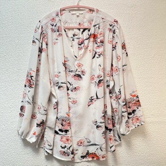 Fun2Fun Women's Floral Boho Blouse w/Henley neckline, 3/4 Sleeves, Plus Size 3X - Picture 1 of 6